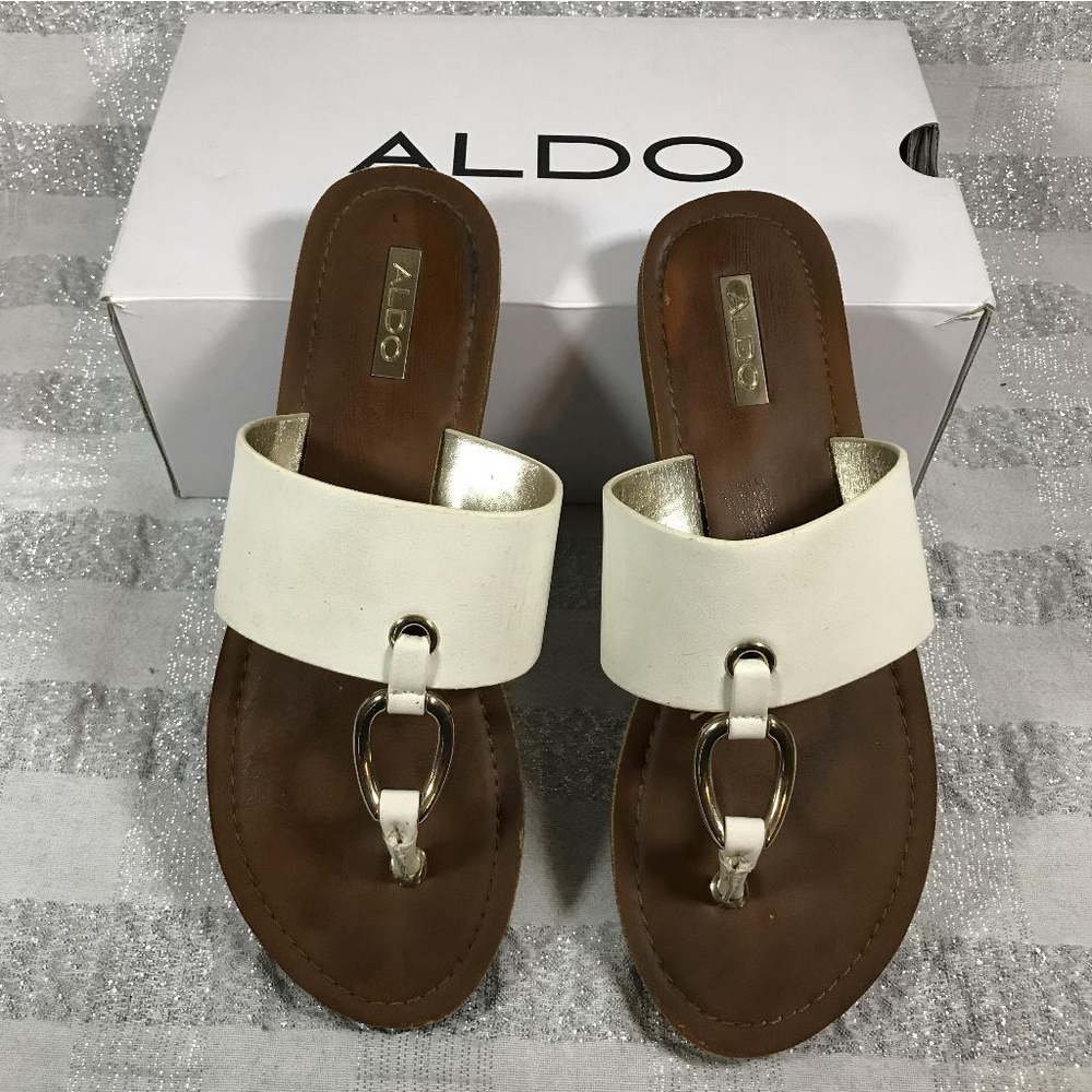 Aldo White and Brown Leather Slip-On Sandals with Gold Accent